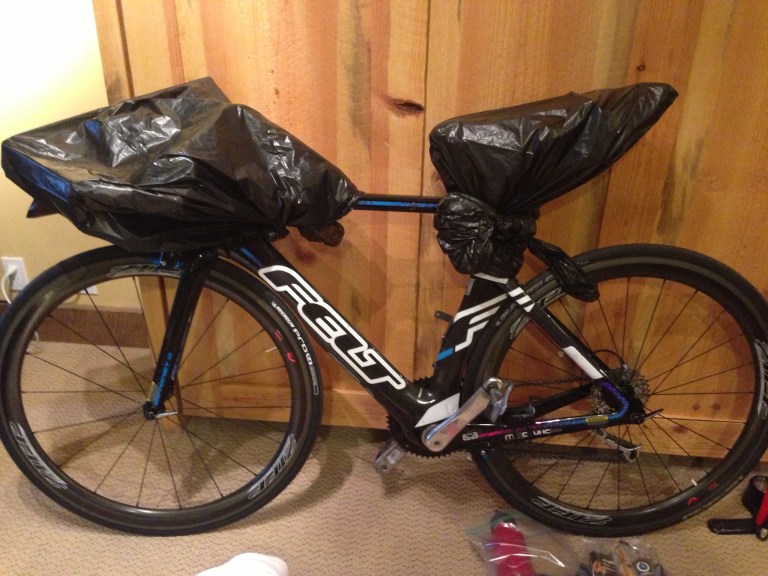 Race rules prohibited athletes from covering up the entire bike so we did the best we could to cover up the bike seat and handle bars.  There was ice on the bikes in the morning.  Some electronic shifters failed during the race.  We were warned about being gentle with our bikes as the chain and other parts might be frozen.