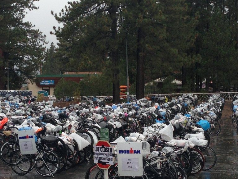 It's too bad no coverage from the freezing rain was provided for all of these expensive bikes.  At the minimum, perhaps the WTC would consider putting the transition bags inside a tent in the future.  Many bags of clothing and food were frozen on race day.