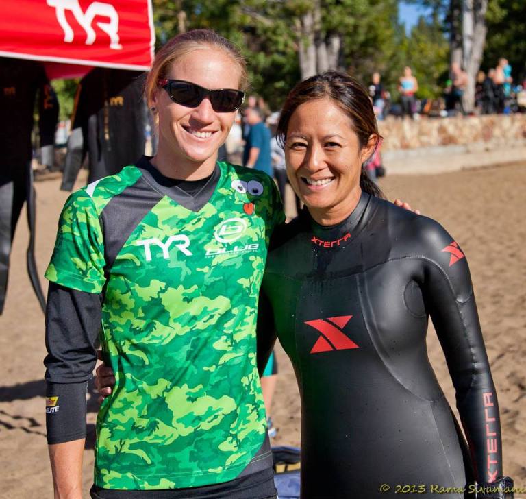 Pro Amanda "Doc" Stevens recommended putting Vaseline on the back of my hands and my face; and pour warm water down my wetsuit to stay warm for the open water swim.