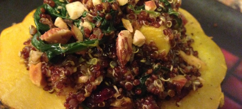 Acorn squash stuffed with Curry Mustard Quinoa, Butternut Squash, Spinach, Cranberries and Toasted&nbsp;Almonds