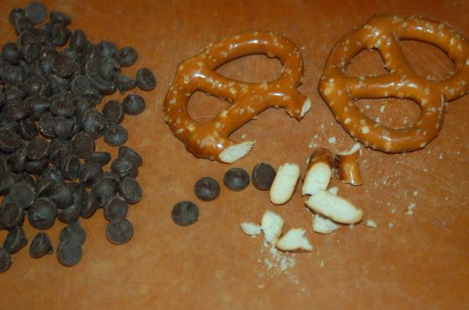 Use the larger size pretzels and and rough chop about double the size of two chocolate chips.